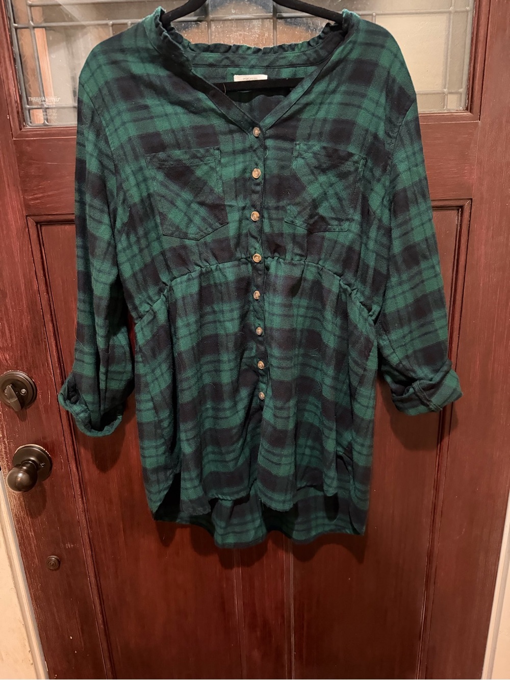 Maurices Green and Black Plaid Tunic Button-Front Top
